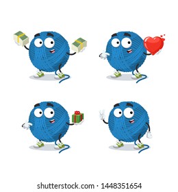set of cartoon blue wool yarn ball character mascot on white background