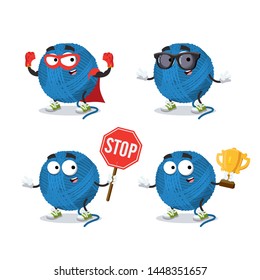 set of cartoon blue wool yarn ball character mascot on white background
