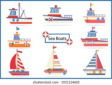 Set cartoon boat and sails. Vector sea vehicle ship, sails and yachts. 