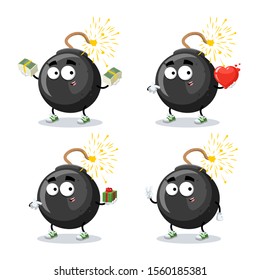 set of cartoon bomb with a burning wick character mascot on white background