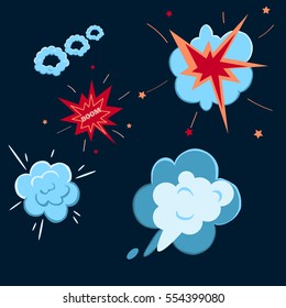 Set of cartoon bomb explosion with smoke for comics, games and books. Blast with fire, cloud, stars. Vector illustration.