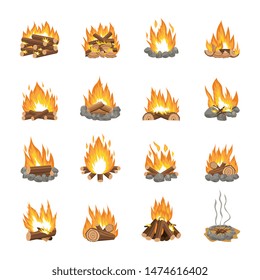 Set of cartoon bonfire variations - firewood stacking methods for campfire burn strength, heat and fire symbols isolated on white background - colorful flat vector illustration