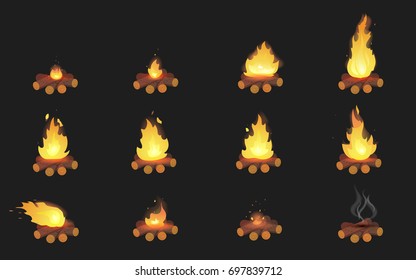 Set of cartoon Bonfires on logs on black background isolated vector illustration. Camping fire evolution