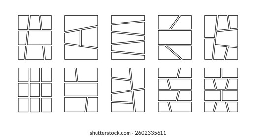 Set of cartoon book page templates. Anime comic page panels isolated on white background. Grids for manga storyboards. Layouts for photo collages, magazines or posters. Vector graphic illustration.