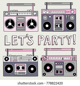 Set of cartoon boomboxes vector illustrations. Let's party. Music illustration.