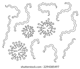 Conjunto de dibujos animados Borrelia bacillus y el virus de la Encefalitis. Dibujo de esquema de caricatura aislado en un fondo blanco