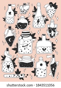 Set of cartoon bottles and love potions. Monochrome vector illustration. Magic elixir hand drawn collection. Witch  symbol