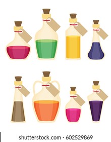 Set of cartoon bottles and potions. Flat vector.