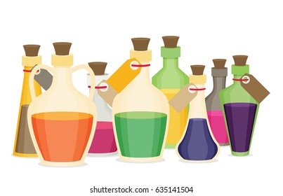 Set of cartoon bottles and potions. Flat vector.