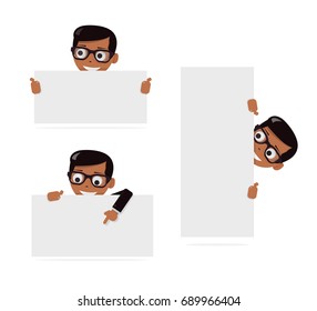 Set cartoon boy and blank paper for web site, user interface, mobile app. Peeking from top side of a white copy space.