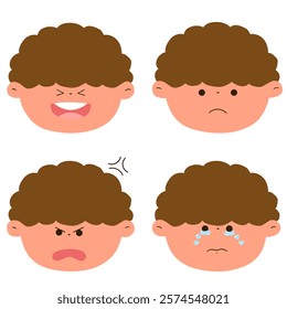 set of cartoon boy facial expressions, happy, sad, angry, and cry vector illustration