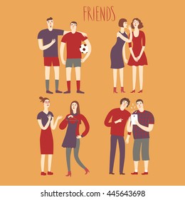 Set of cartoon boys and girls friends in various lifestyles. Characters illustrations for your design.
