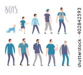 Set of cartoon boys in various lifestyles and ages. Including baby, child, teenager,adult, senior,  businessman. Characters illustrations for your design.