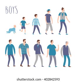 Set of cartoon boys in various lifestyles and ages. Including baby, child, teenager,adult, senior,  businessman. Characters illustrations for your design.