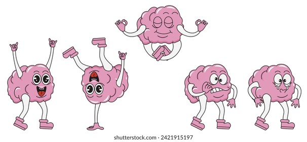 Set Cartoon brain character in trendy Rubber Hose style. Groovy brain collection isolated white background. Mental health emoticon. Vector illustration for  web medical design. Editable stroke EPS 10 