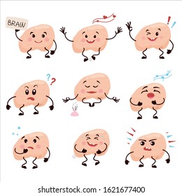 Set of cartoon brain characters. Collection of Cute human internal organ with different emotions, caricature, animation. Vector illustration