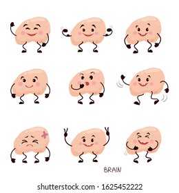 Set of cartoon brain characters. Collection of Cute human internal organ with different emotions, caricature, animation. Vector illustration