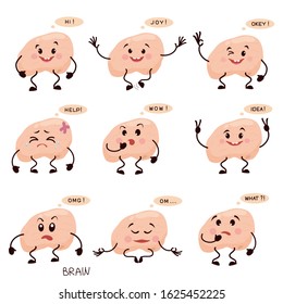 Set of cartoon brain characters. Collection of Cute human internal organ with different emotions, caricature, animation. Vector illustration