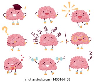 Set of cartoon brain images. Vector illustration on white background.