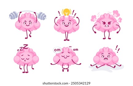 Set of cartoon brains representing mental states such as anger, relaxation, concentration, and sleepiness