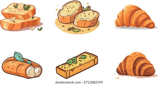 Conjunto de pan de dibujos animados muestra pan de ajo y pasteles de croissant con un fondo blanco.