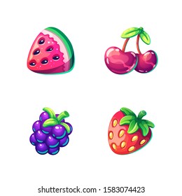 Set of cartoon bright berries isolated on white background. Watermelon, cherry, blackberry, strawberry. Vector illustration.