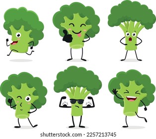 Set of cartoon broccoli vegetables characters