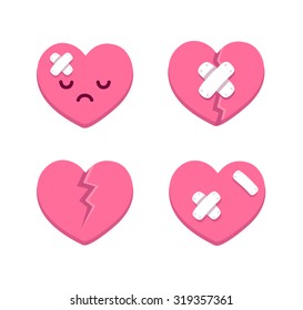 Set of cartoon broken hearts with cracks and bandages. Vector illustration.