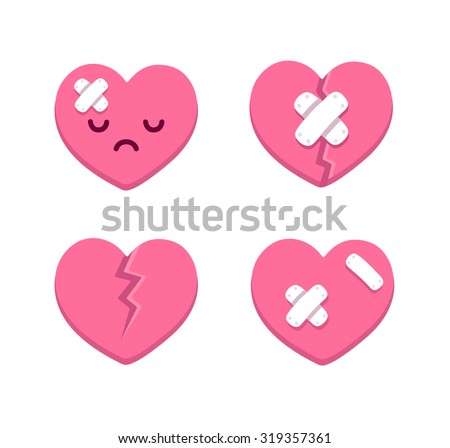 Set of cartoon broken hearts with cracks and bandages. Vector illustration.