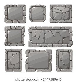 Set of cartoon broken stone banners for game design on white background. Collection of colorful vector illustrations of a variety of broken stone banners in a cartoon style. The isolated rock banners 