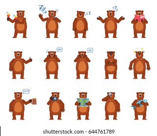 Set of cartoon brown bear characters showing diverse actions, emotions. Brown bear celebrating, laughing, surprised, dazed, holding map, magnifier and doing other actions. Simple vector illustration