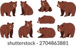 Set of cartoon brown bear poses, cute forest animal character collection for children, wildlife education, vector illustration, playful design elements