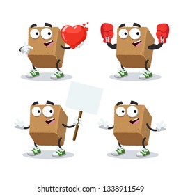 set of cartoon brown cane sugar cube character mascot on white background