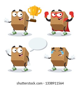 set of cartoon brown cane sugar cube character mascot on white background