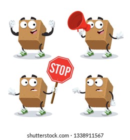 set of cartoon brown cane sugar cube character mascot on white background