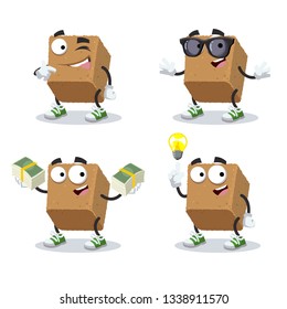 set of cartoon brown cane sugar cube character mascot on white background