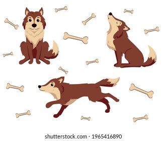 Set of cartoon brown dogs. Wild wolves. Red foxes. Stickers, prints with dogs. Background with bones