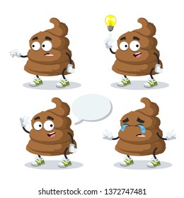 set of cartoon brown piece of shit poop character mascot on white background