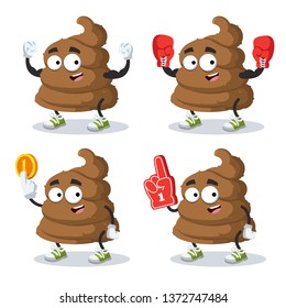 set of cartoon brown piece of shit poop character mascot on white background