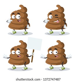 set of cartoon brown piece of shit poop character mascot on white background