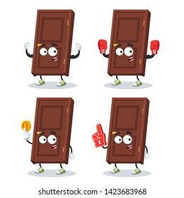 set of cartoon brown wooden interior door character mascot on white background