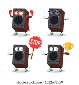 set of cartoon brown wooden sound speaker character mascot on white background