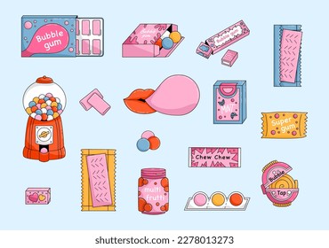 Set of Cartoon bubble gum. Chewing candy. Colorful pads. Chewy balls and sticks in packaging or blisters. Yummy dragee and stripe. Oral hygiene sweets. Vector pink bubblegum set