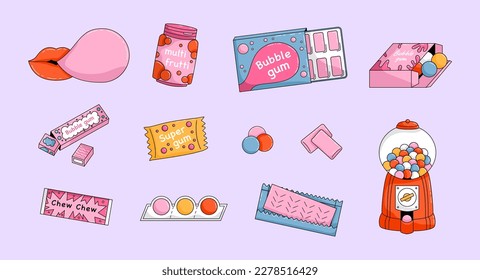 Juego de chicle de burbujas de dibujos animados. Masticando dulces. Coloridas toallas. Bolas masticables y palos en envases o ampollas. Yummy dragee y stripe. Dulces de higiene bucal. Conjunto de bengalas rosa vectorial