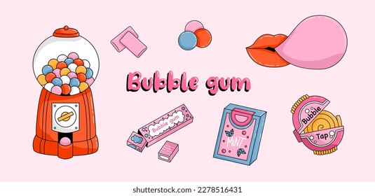 Set of Cartoon bubble gum. Chewing candy. Colorful pads. Chewy balls and sticks in packaging or blisters. Yummy dragee and stripe. Oral hygiene sweets. Vector pink bubblegum set