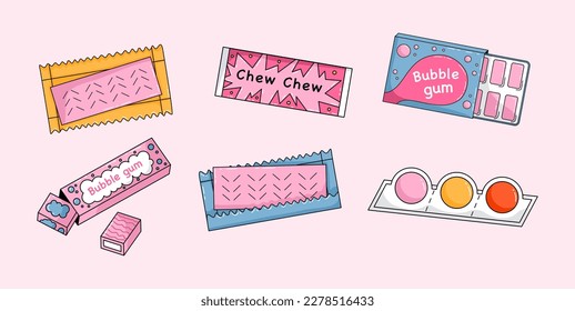 Set of Cartoon bubble gum. Chewing candy. Colorful pads. Chewy balls and sticks in packaging or blisters. Yummy dragee and stripe. Oral hygiene sweets. Vector pink bubblegum set