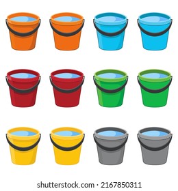 Set of cartoon buckets with water isolated on white background. Colorful plastic or metallic buckets with and without shadow in flat design. Tin pail. Buckets filled water for garden or cleaning house