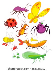set of cartoon bugs insects funny friendly cheerful cute vector colorful nature wall paper baby butterfly pet 