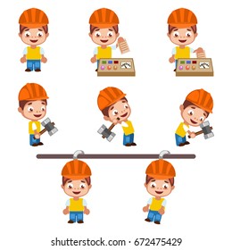 Set of cartoon builders, with hammer animation, punch card