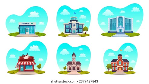 Set of cartoon buildings, hospital, pharmacy, school, cafe, police station, church, isolated on white